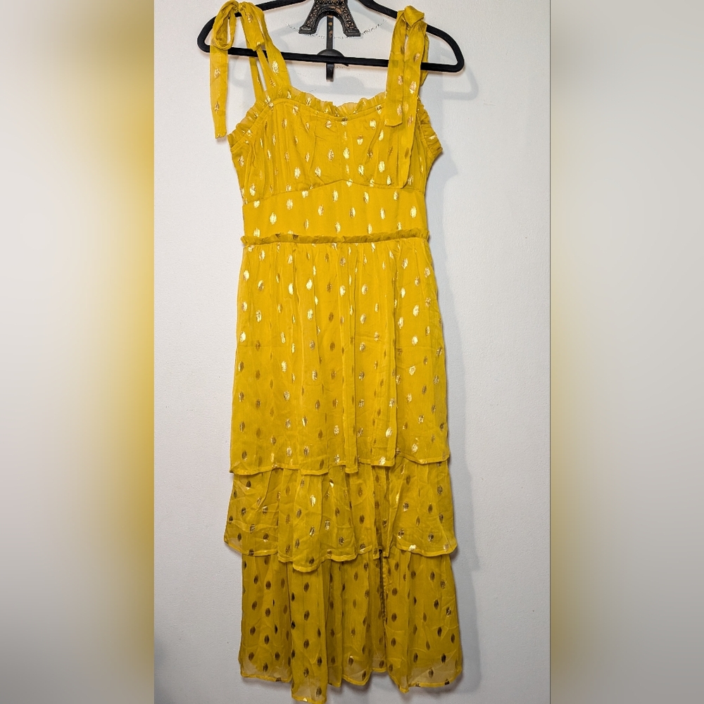 Lulus Celebration Chic Yellow Polka Dot Tie-Strap Tiered Maxi Dress Women Size M